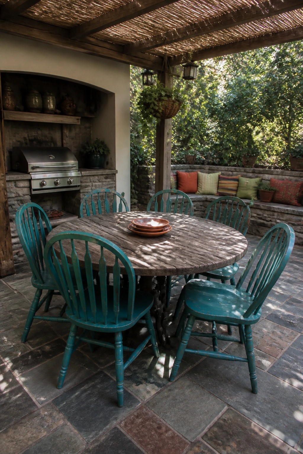 A round wooden table with six teal painted wooden chairs arranged around it on a stone patio beneath a wooden pergola, next to a built-in grill.