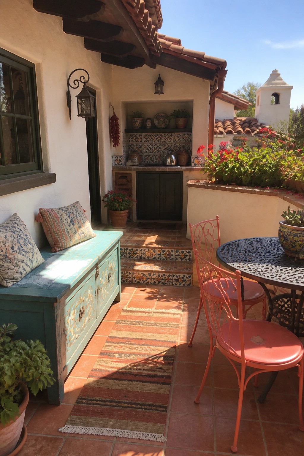 A patio scene showing a turquoise painted bench with pillows, coral metal dining chairs and table, terracotta tile flooring, and an outdoor kitchen niche with dark cabinets.