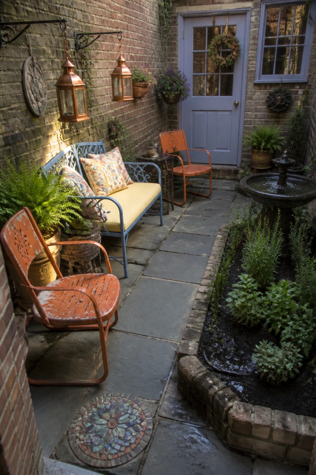 A narrow brick patio features a blue metal bench with yellow cushions, two orange metal chairs, potted ferns, a small water fountain, and a blue door in the background.