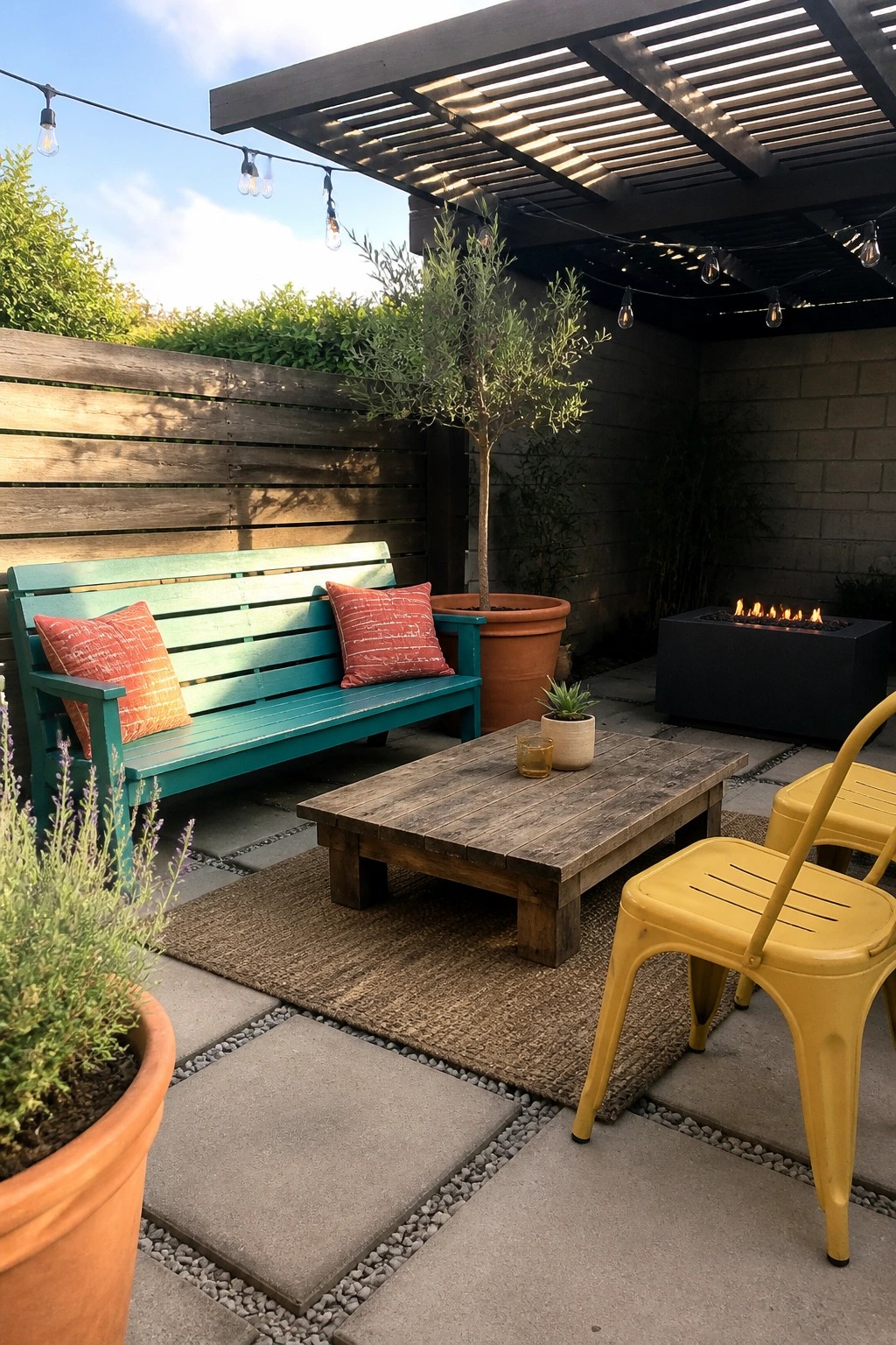 Cozy backyard patio with teal bench, wooden table, yellow chairs, and fire pit