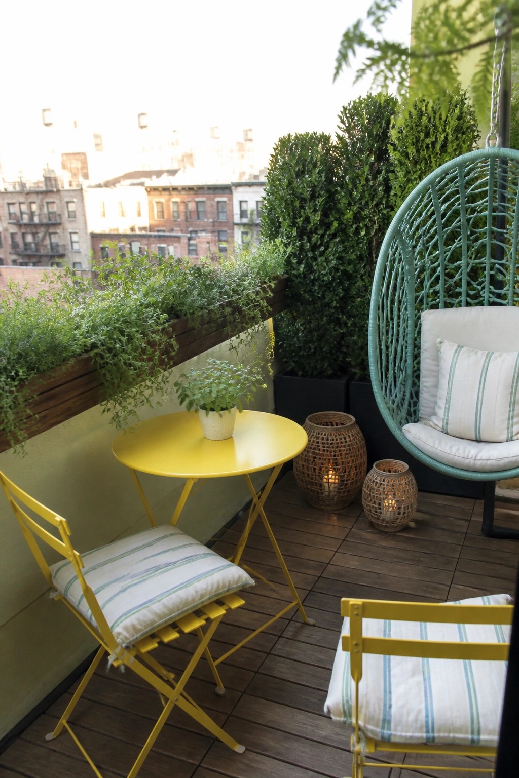 A compact balcony features a bright yellow bistro table with two matching yellow folding chairs that have striped cushions, alongside a teal hanging chair and several potted plants on a wooden deck.