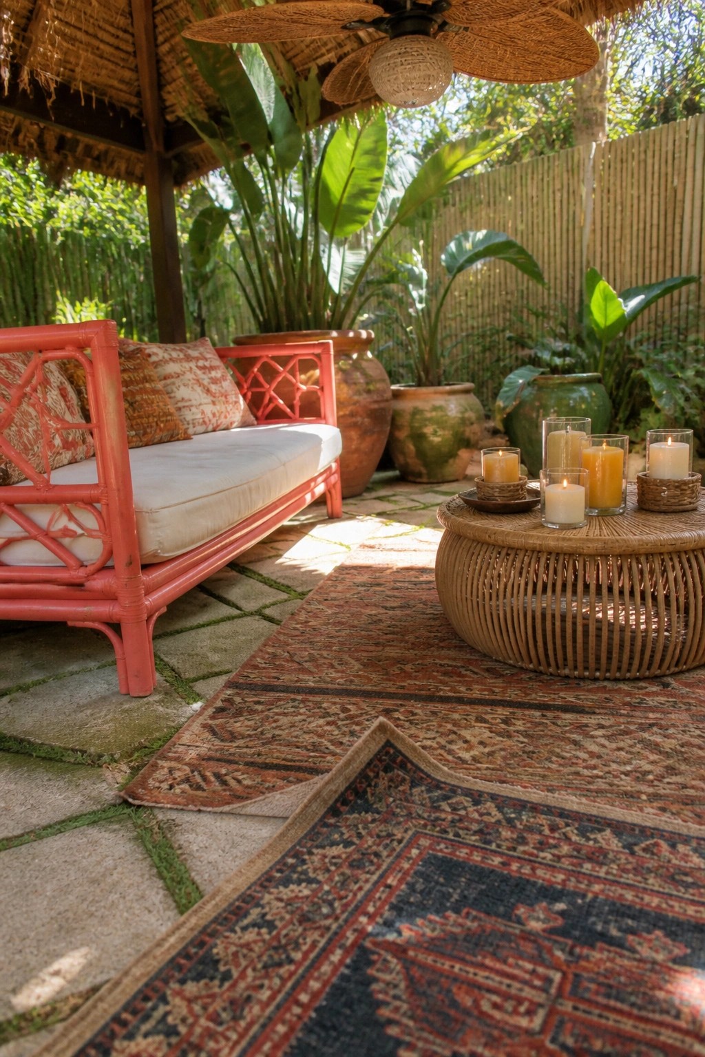 Red rattan sofa beside woven table with lit candles on patterned rugs in sunny patio