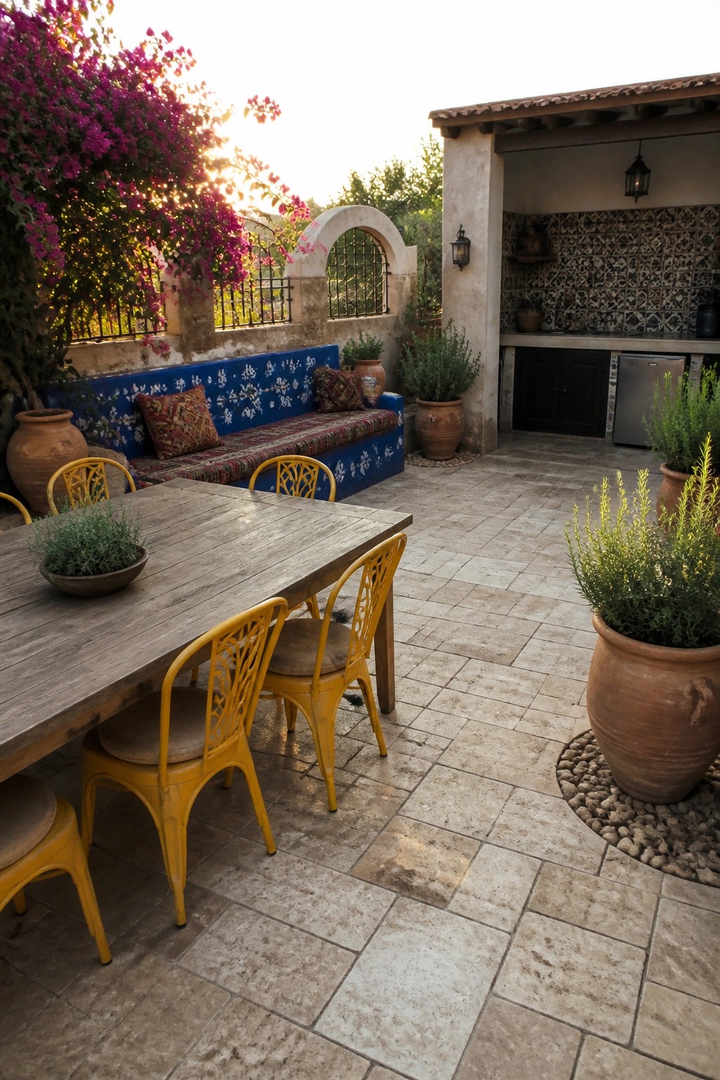 A stone patio with a wooden dining table, bright yellow metal chairs, a blue cushioned bench, and large terracotta pots near an outdoor kitchen area.