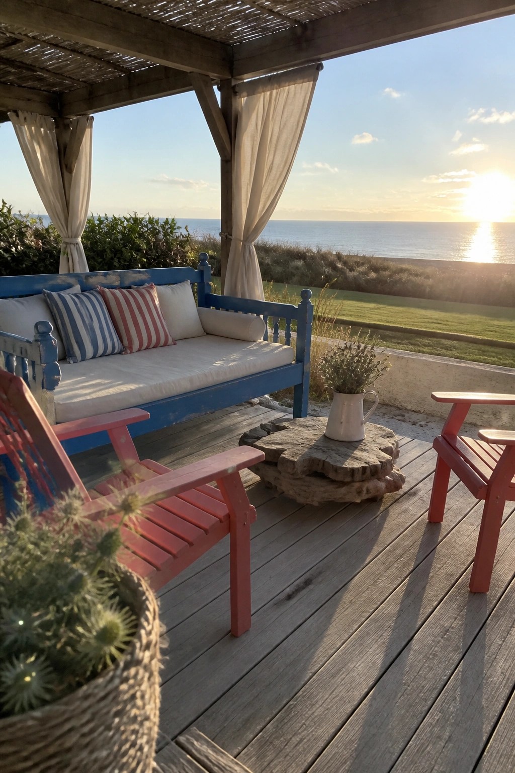 Blue bench, red chairs on wooden deck overlooking ocean sunset