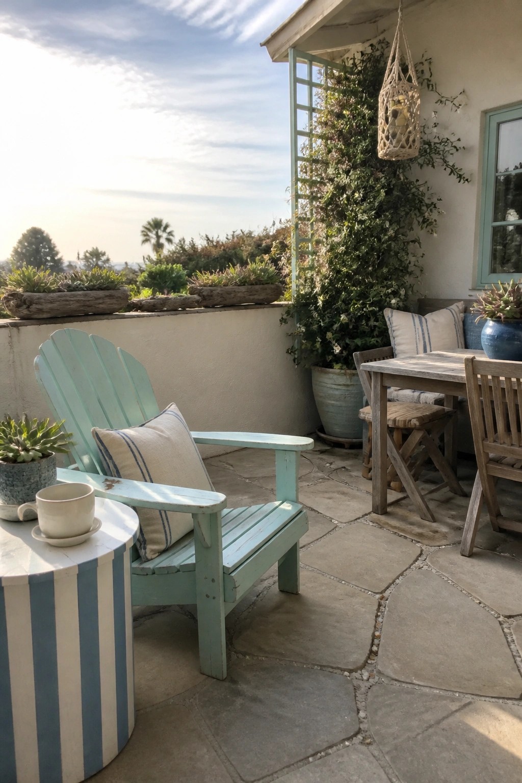 A light turquoise painted wooden Adirondack chair with a striped cushion on a stone patio beside a round blue and white striped side table.