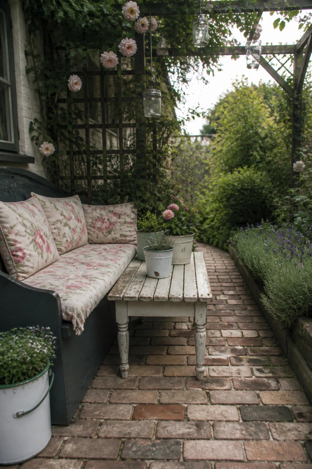 Rustic bench with floral cushions beside white table on brick path with roses