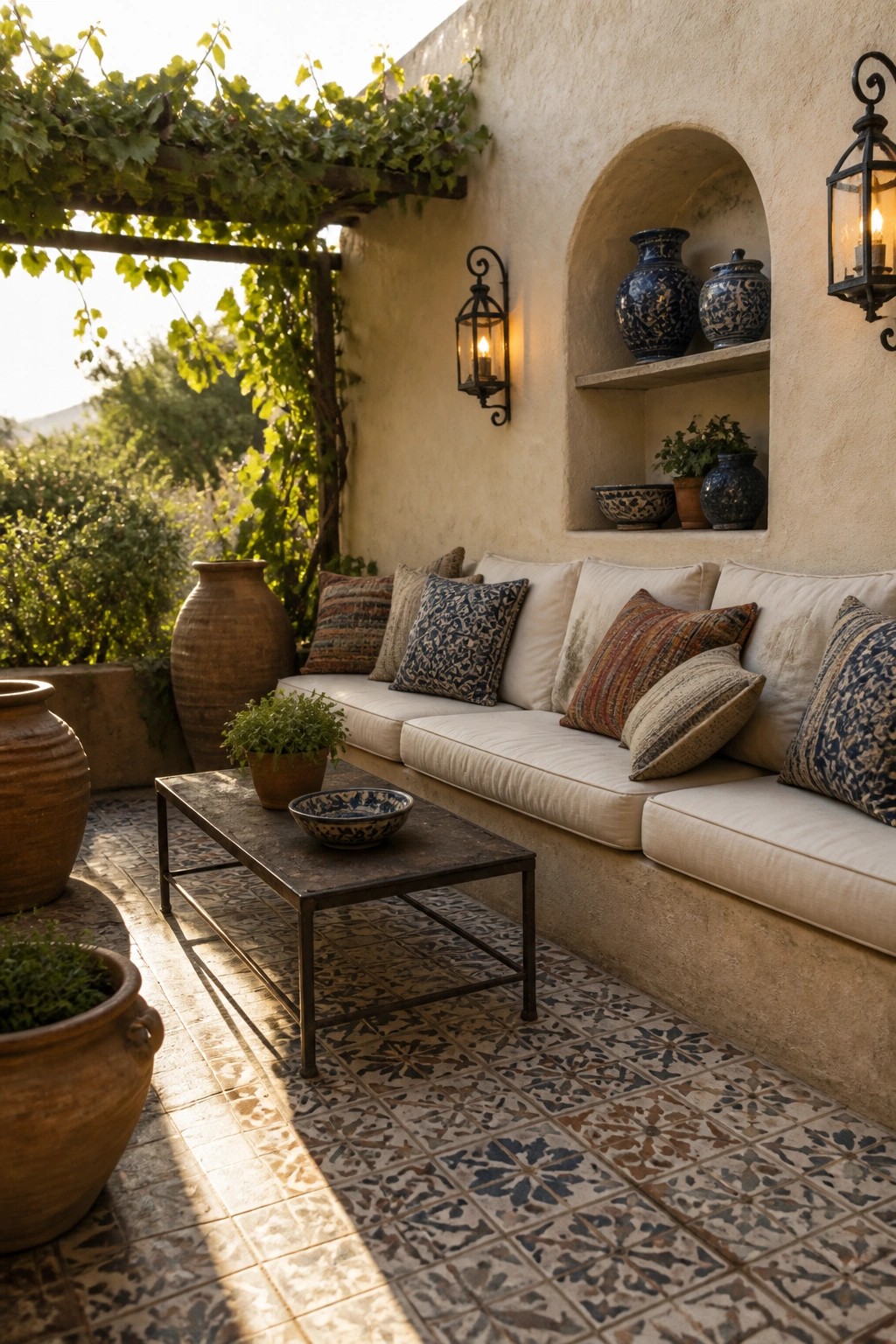 A patio scene showing a long built-in bench with white cushions and mixed pillows along a stucco wall, a metal coffee table on patterned tile, and large ceramic pots nearby.
