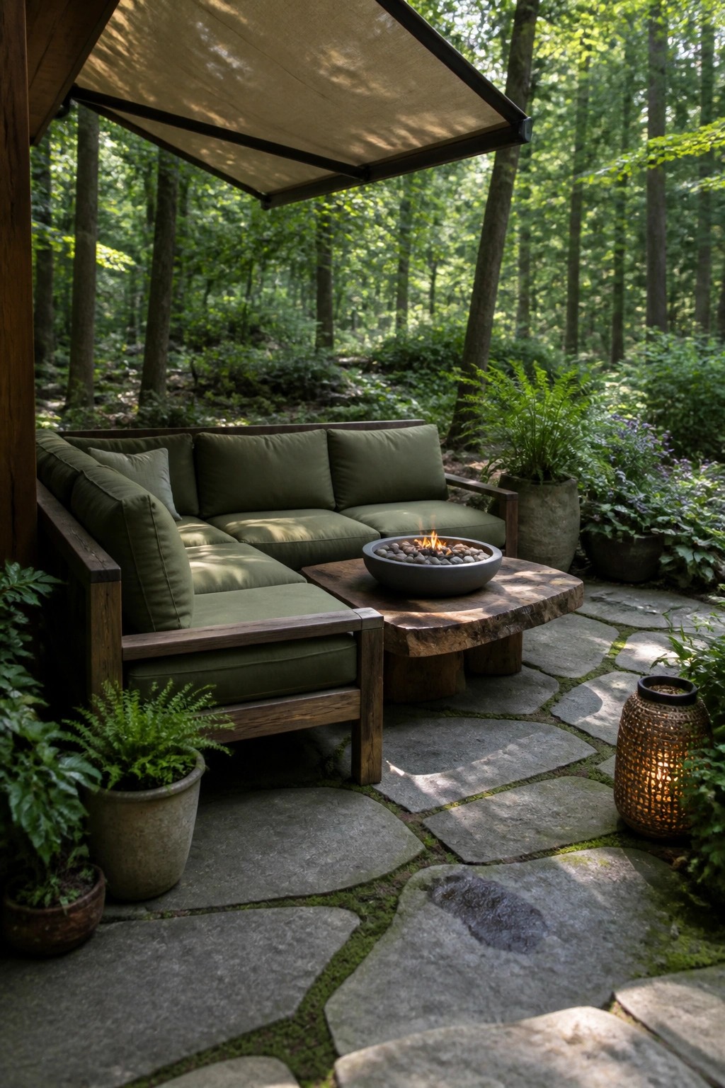 Green sofa and fire pit on stone patio in lush forest setting