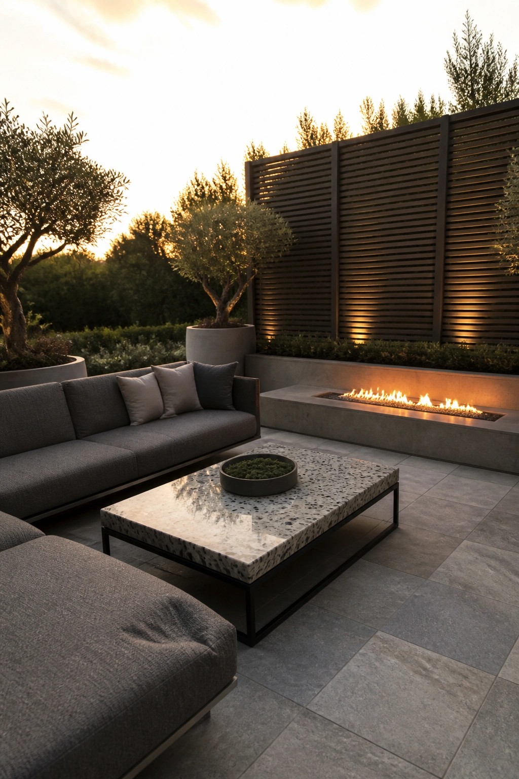 Modern patio with gray sofa, terrazzo table, fire pit, and trees at sunset