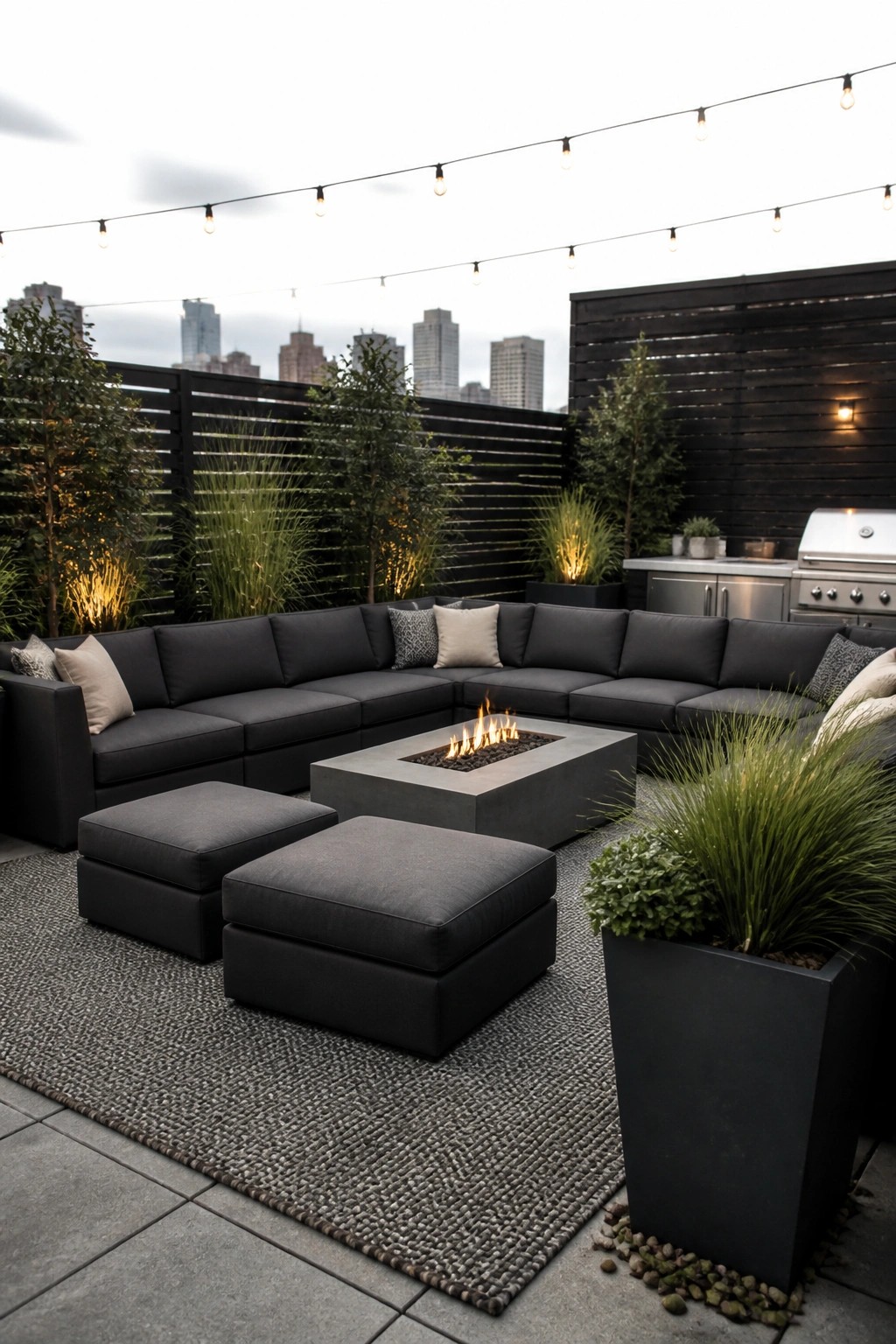 A rooftop patio with a large dark gray sectional sofa arranged in a U-shape around a square concrete fire pit, two matching ottomans on a woven rug, potted plants along the edges, and string lights overhead.