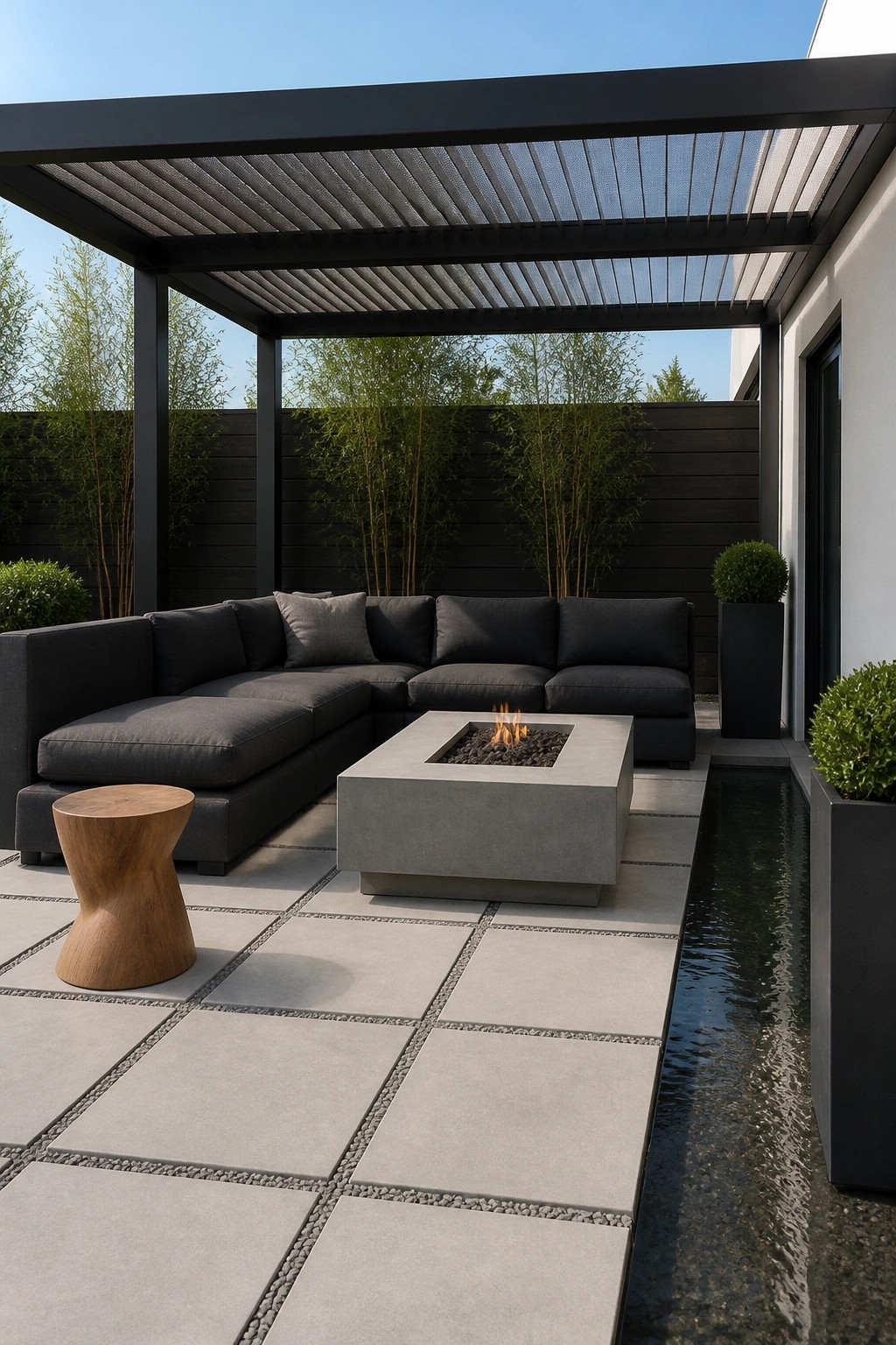 A modern outdoor patio features a large dark gray sectional sofa arranged around a square concrete fire pit beneath a black slatted pergola, with a narrow water channel running alongside the seating area.