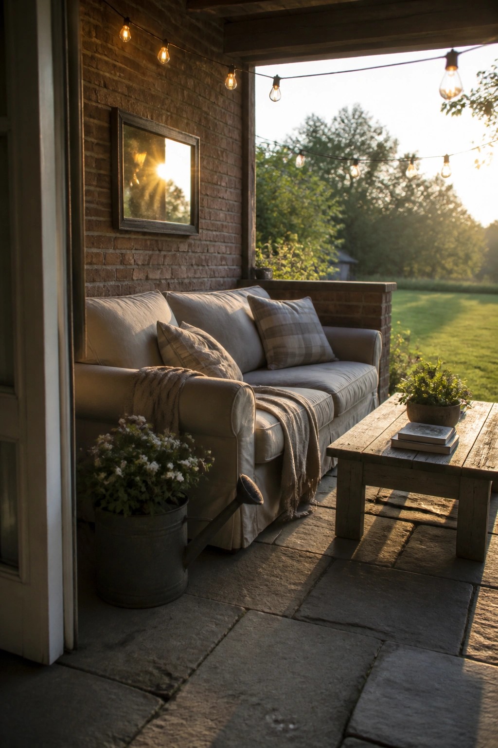 A covered patio features a large beige sofa with multiple pillows and a throw, placed on stone pavers beside a wooden coffee table, with string lights and a brick wall in view.