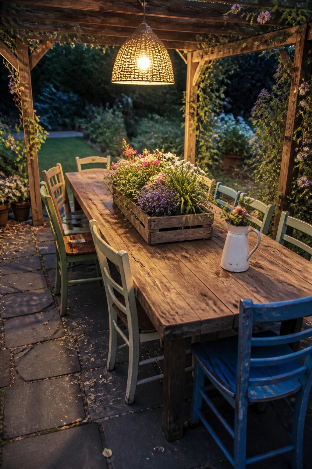Rustic wooden table with flower box and pitcher amid colorful chairs under pergola