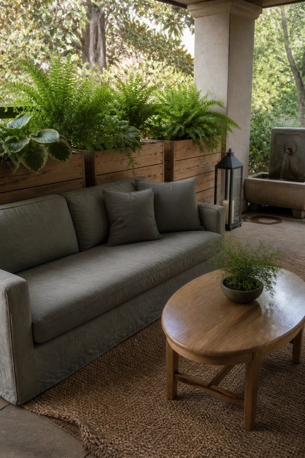 A gray outdoor sofa with cushions sits on a woven rug in front of wooden box planters filled with ferns, next to a round wooden coffee table.