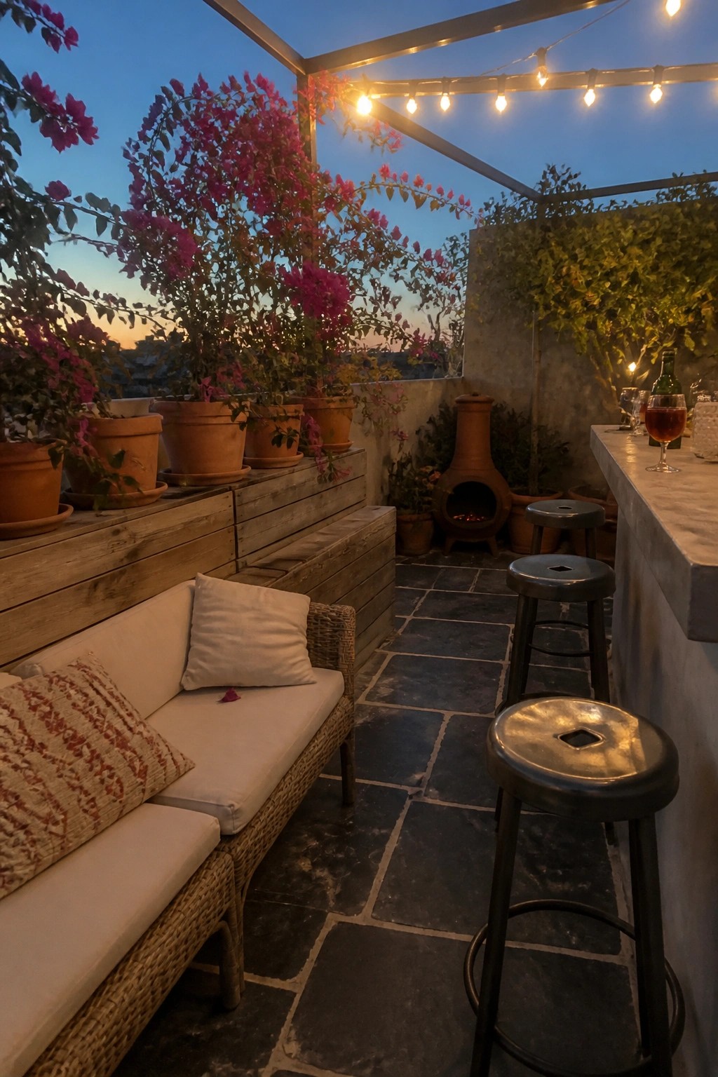 An outdoor patio terrace at dusk with wooden pallet-style planter boxes holding terracotta pots of pink flowers, a wicker sofa with cushions, metal stools at a concrete counter, and string lights overhead.