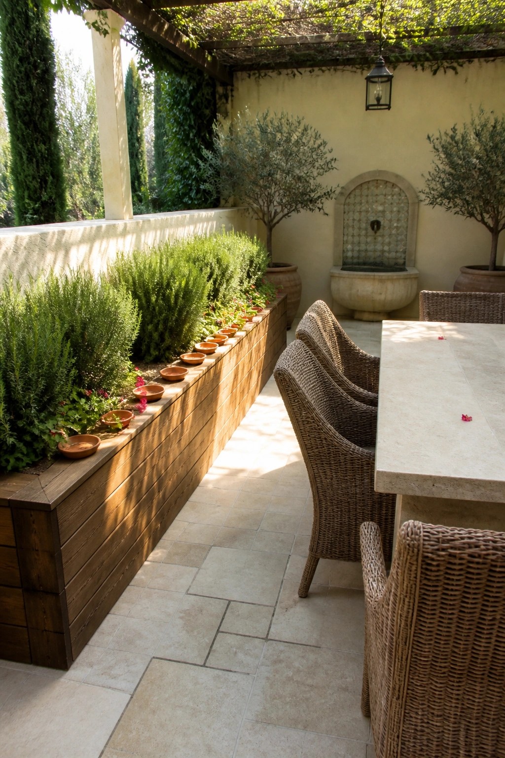 A long wooden raised planter box with shrubs and small terracotta pots lines a stone patio beside a dining table with wicker chairs.