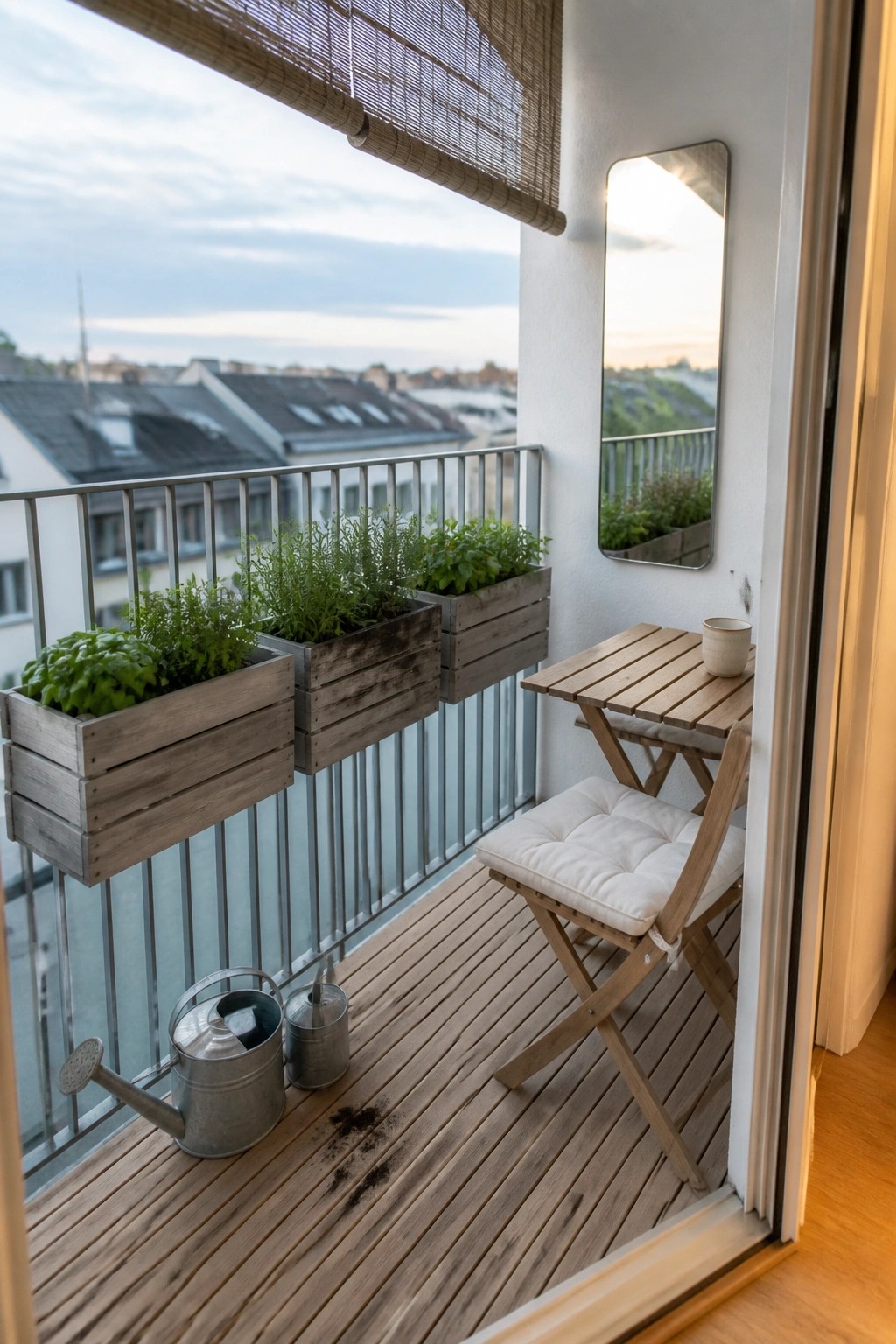 Balcony with wooden planters on railing, folding table, chair, and watering cans