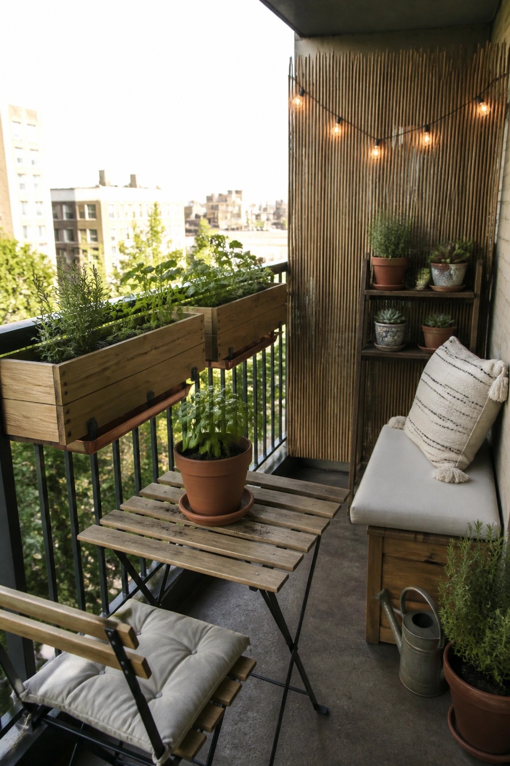 Urban balcony with wooden planters, folding table, cushioned bench, string lights and plants