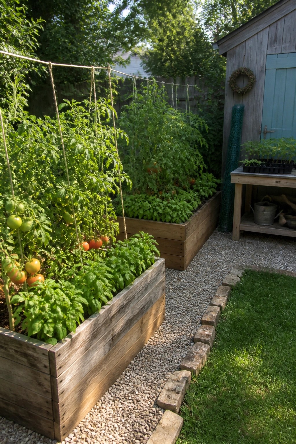 Wooden raised planter boxes filled with tomato plants supported by strings, placed along a gravel path beside a wooden shed.