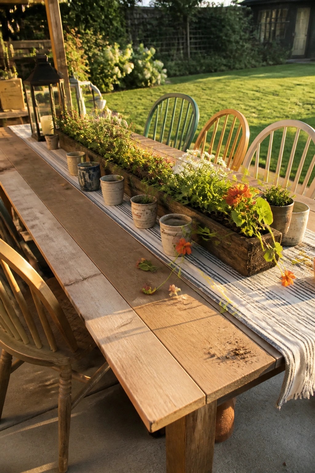 Rustic wooden table with plant-filled trough, ceramic pots, and chairs in sunny garden