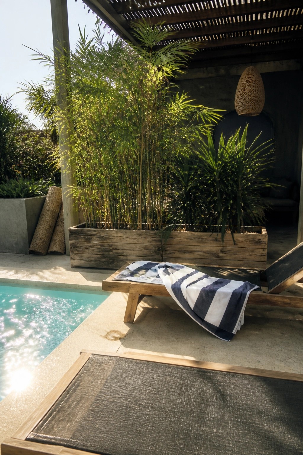 A long rectangular wooden planter box filled with tall green plants sits beside a swimming pool with wooden lounge chairs and striped towels in view.