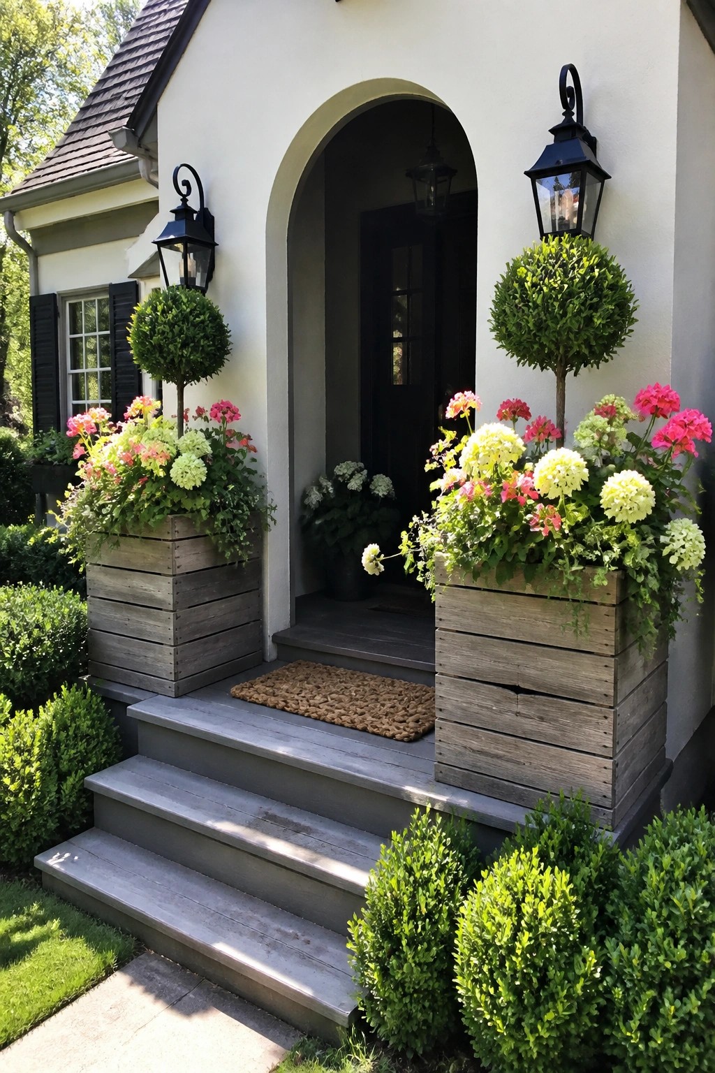 A house front entry with gray painted steps, an arched doorway, and two large weathered wooden crate planters holding pink and white flowers plus round topiary shrubs placed on the landing.