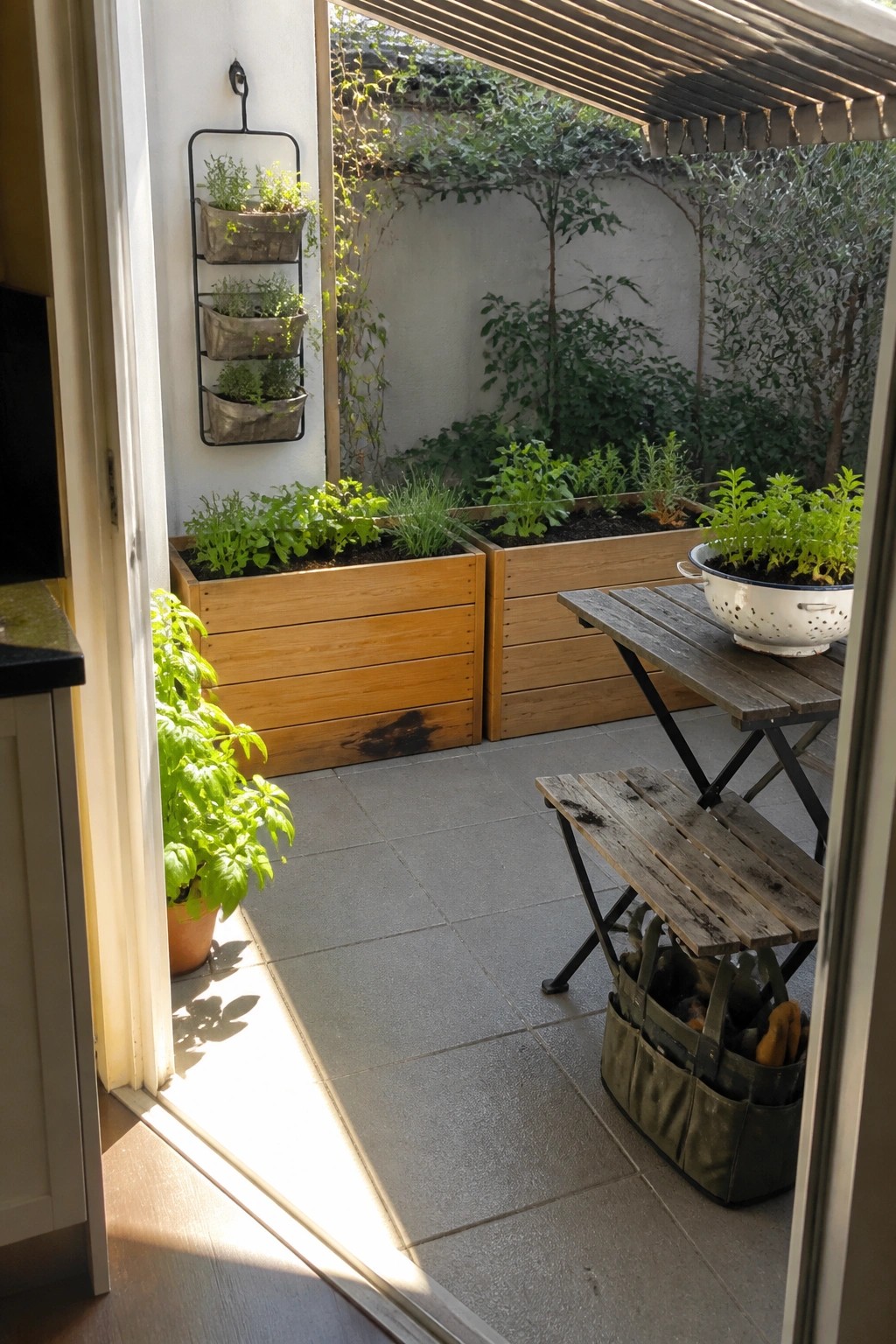 Two rectangular wooden planter boxes filled with herbs sit on a tiled patio beside a wooden table and bench, with additional potted plants nearby.