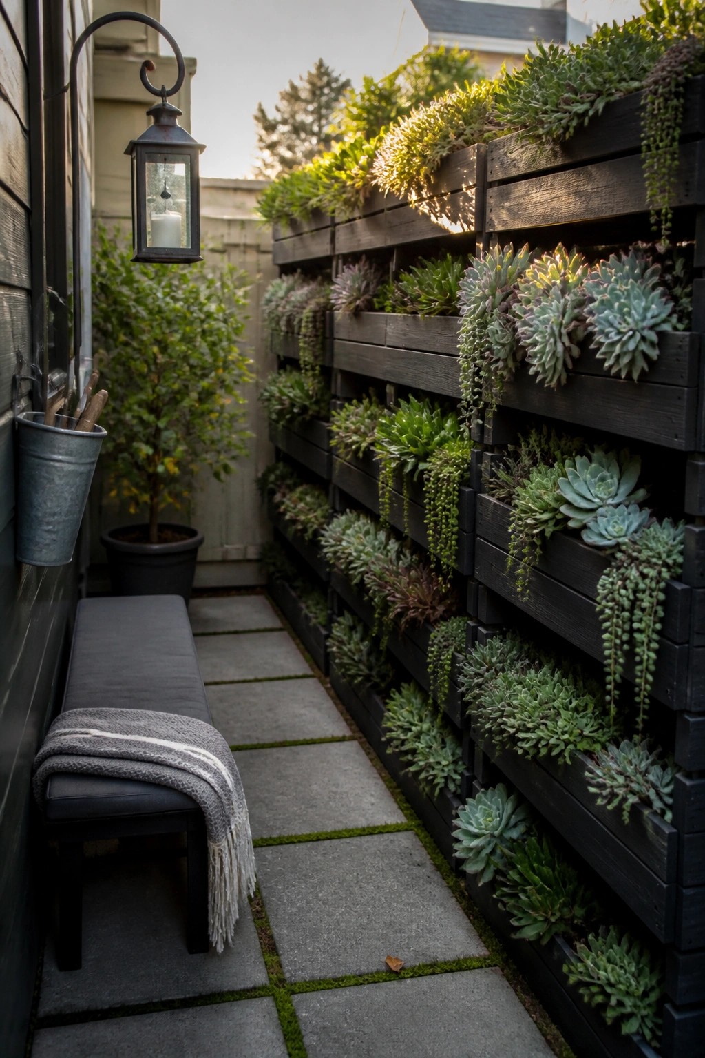 Narrow stone path beside vertical succulent garden wall with bench and lantern