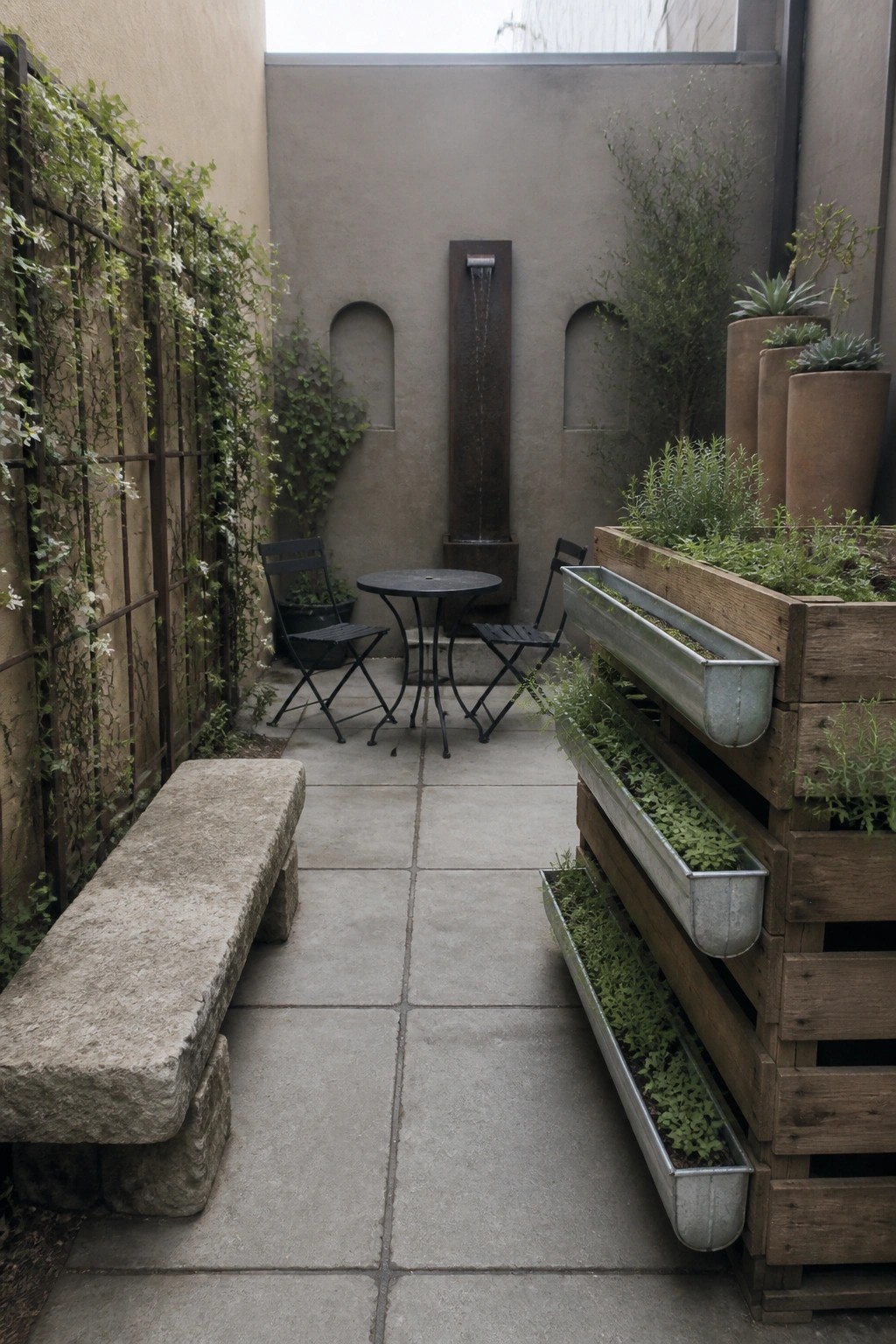 A narrow courtyard patio shows stacked wooden pallets fitted with metal trough planters along the right side.