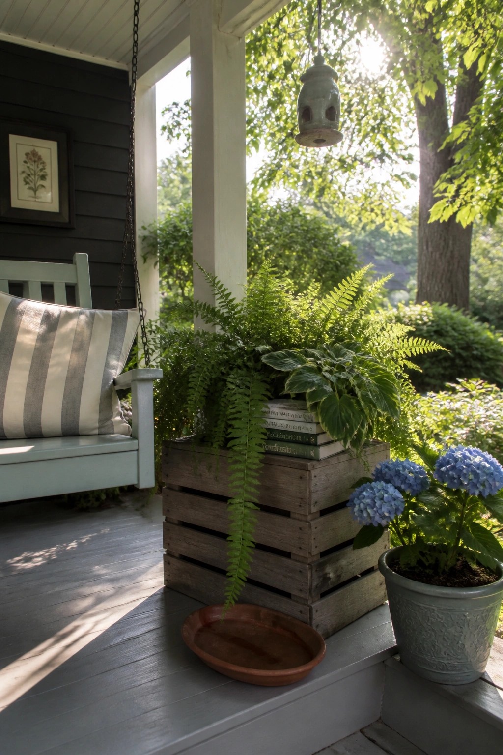 A wooden crate holding ferns and stacked books sits on a gray porch beside a light blue swing and potted blue hydrangeas.