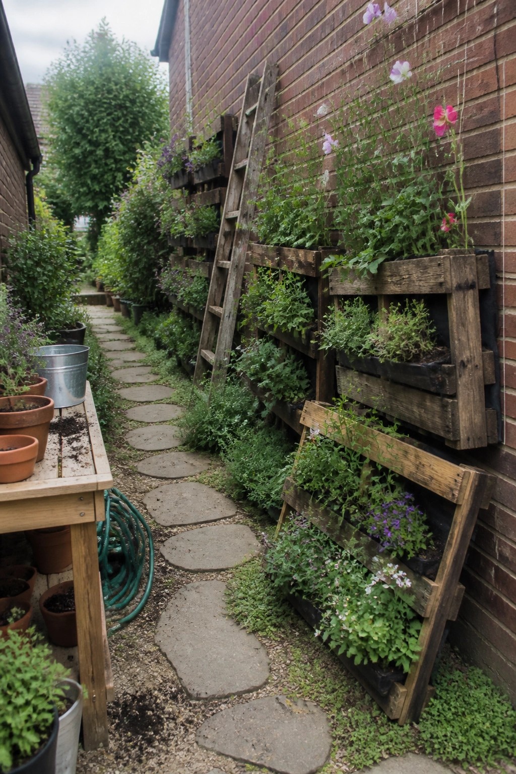 Wooden pallets mounted as planters on a brick wall beside a stone garden path, with various plants growing in the boxes.