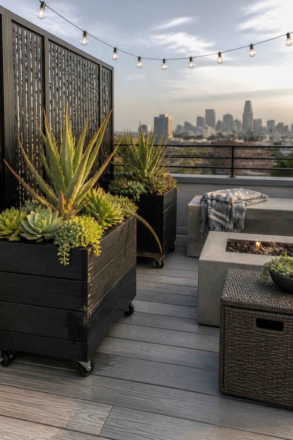 Rooftop deck with large black wooden planter boxes on wheels holding succulents, a concrete fire pit, woven stool, and string lights overlooking a city skyline.