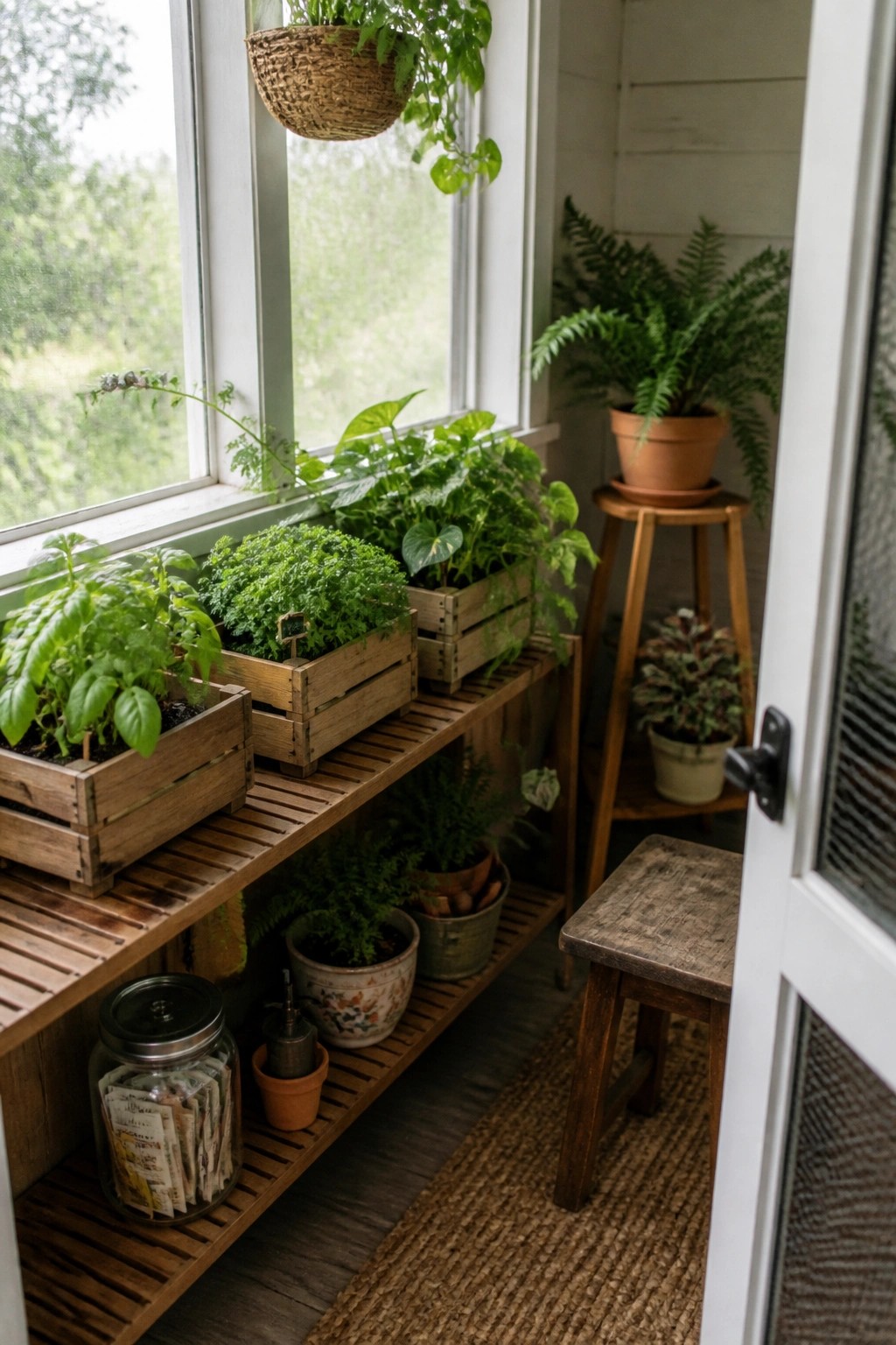 Wooden crates holding plants arranged on a multi-level wooden shelf beside a large window indoors.