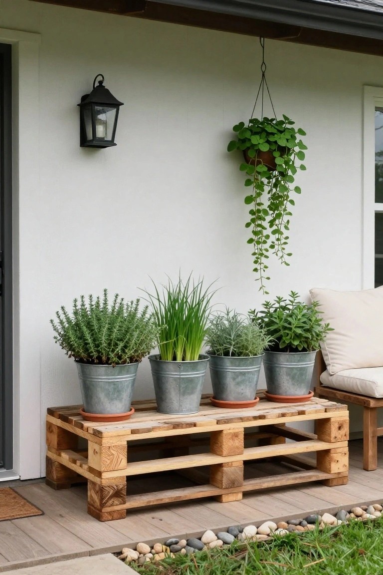 A wooden pallet holds four metal herb pots on a porch beside a hanging plant and an outdoor chair.