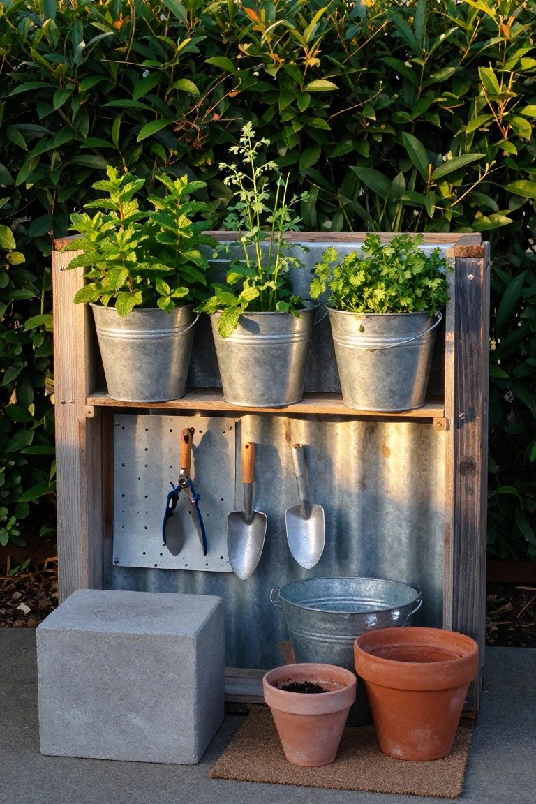 A wooden garden frame holds three metal buckets with green herbs on an upper shelf, with gardening tools hanging on a metal panel below and two terracotta pots on the ground.