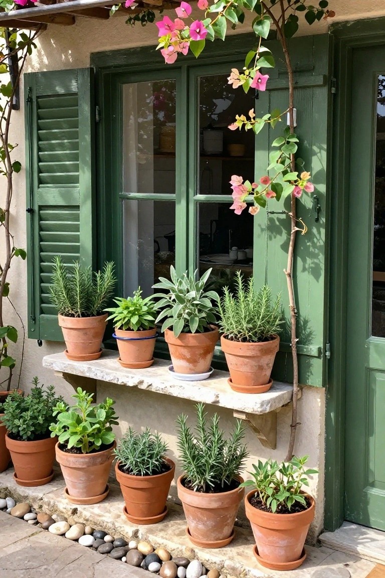 Terracotta pots filled with herbs rest on a stone ledge beneath green window shutters, with additional pots placed on the ground below.
