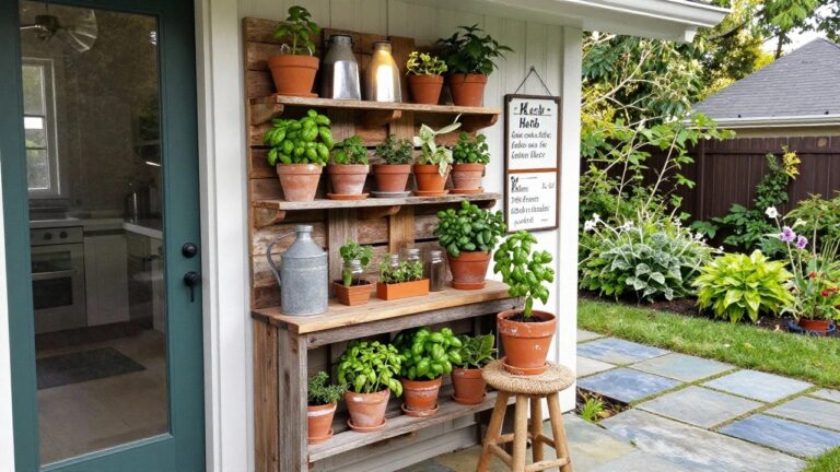 20 Fresh Pallet Herb Garden Ideas Built Around Kitchen Herbs Wooden pallet shelves mounted on a house exterior hold rows of terracotta herb pots above a rustic bench and stool.