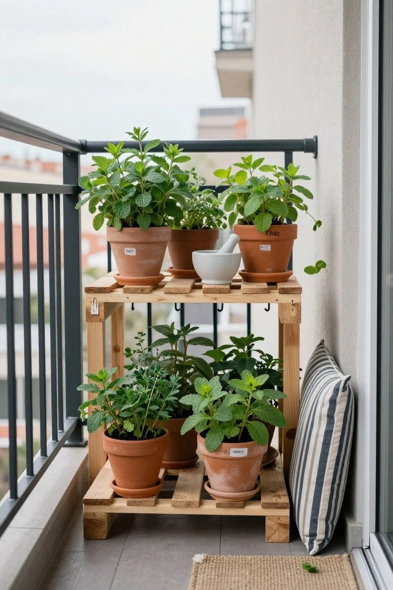 A two-tier wooden pallet stand holding terracotta pots of green herbs on a balcony next to a striped cushion.