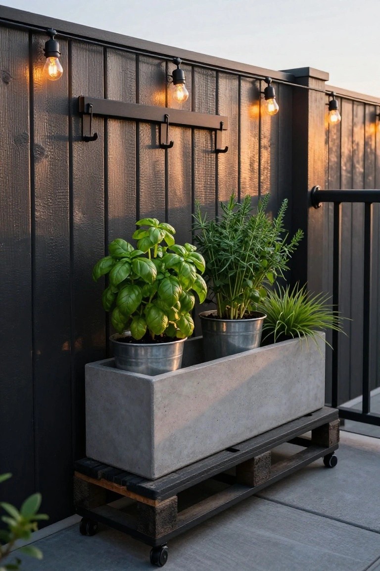 A long concrete planter holding several herb pots rests on a wooden pallet with wheels against a dark wall.