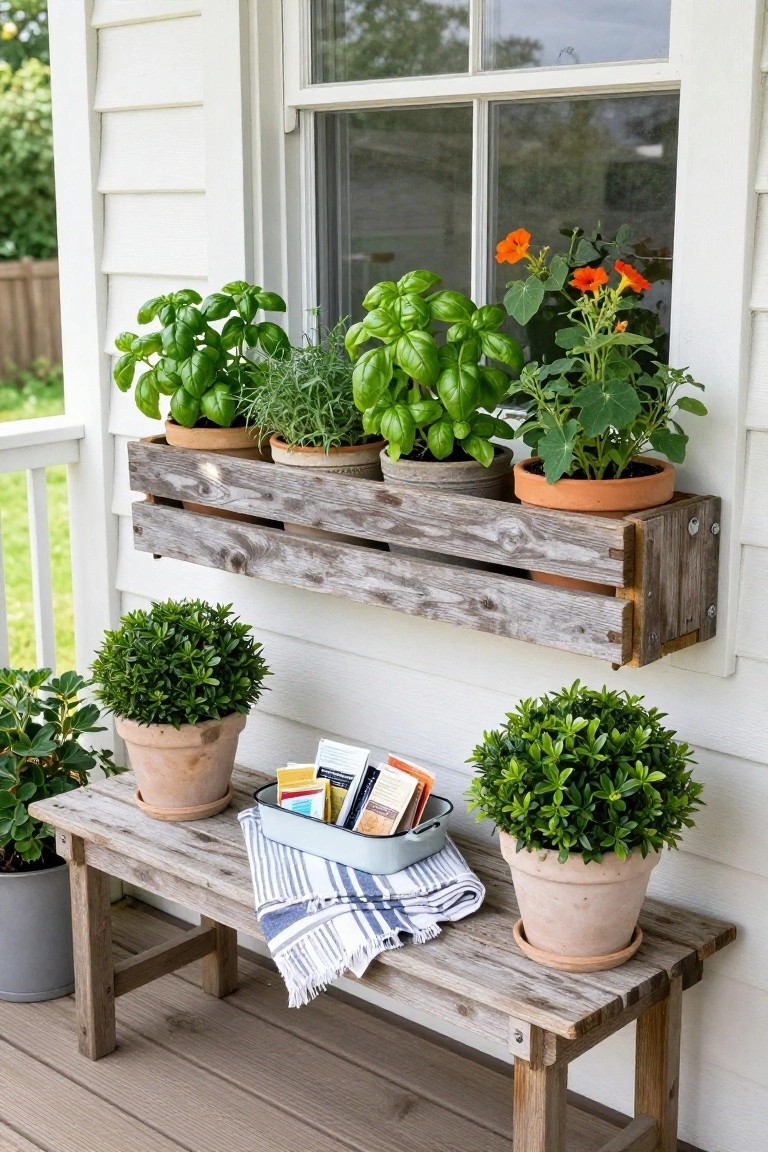 A weathered wooden pallet mounted under a window on a white house holds several terracotta pots of herbs, with a wooden bench below holding two potted shrubs, a tray of seed packets, and a striped cloth.