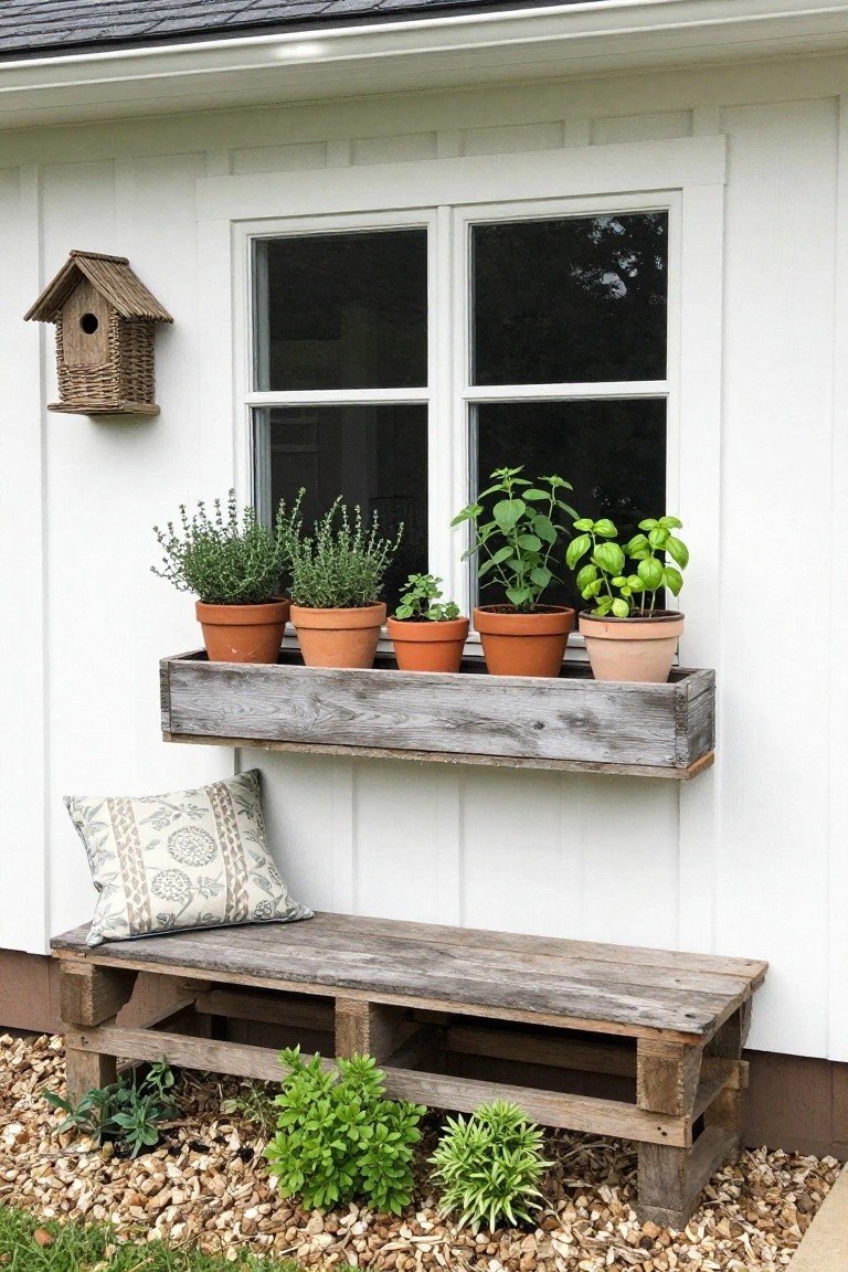 Weathered wooden window box with herb pots above pallet bench and birdhouse