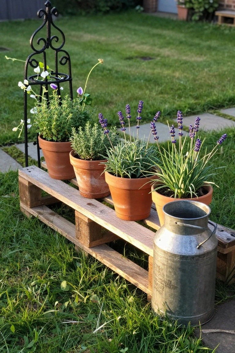 A wooden pallet holding several terracotta pots of herbs on grass beside a metal milk can.