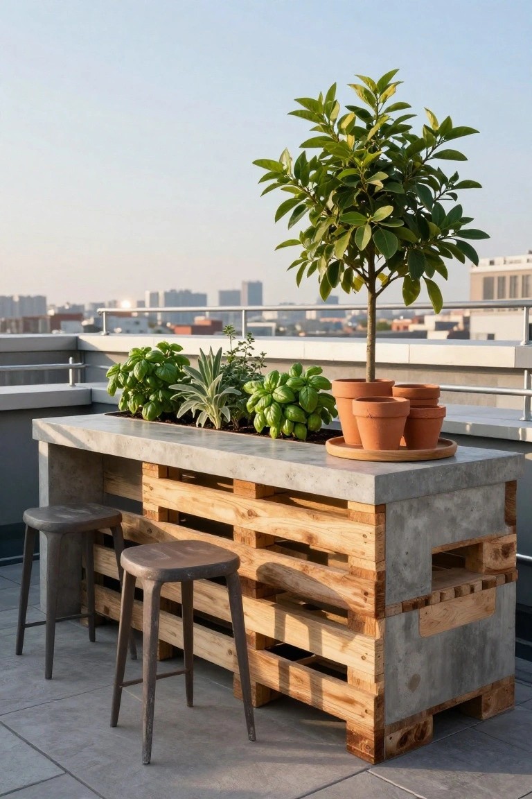 A wooden pallet herb garden with a concrete top holds various kitchen herbs on a rooftop terrace, with two stools placed alongside.