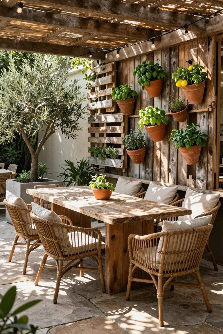 Wooden patio table with wicker chairs and hanging terracotta plant pots on wall