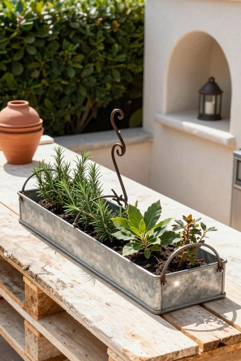 A long galvanized metal planter with rosemary and bay plants rests on a wooden pallet table in an outdoor setting.
