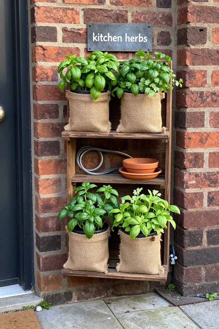 A two-tier wooden pallet shelf against a brick wall holds four herb plants in burlap-covered pots, with stacked empty pots on the middle shelf.