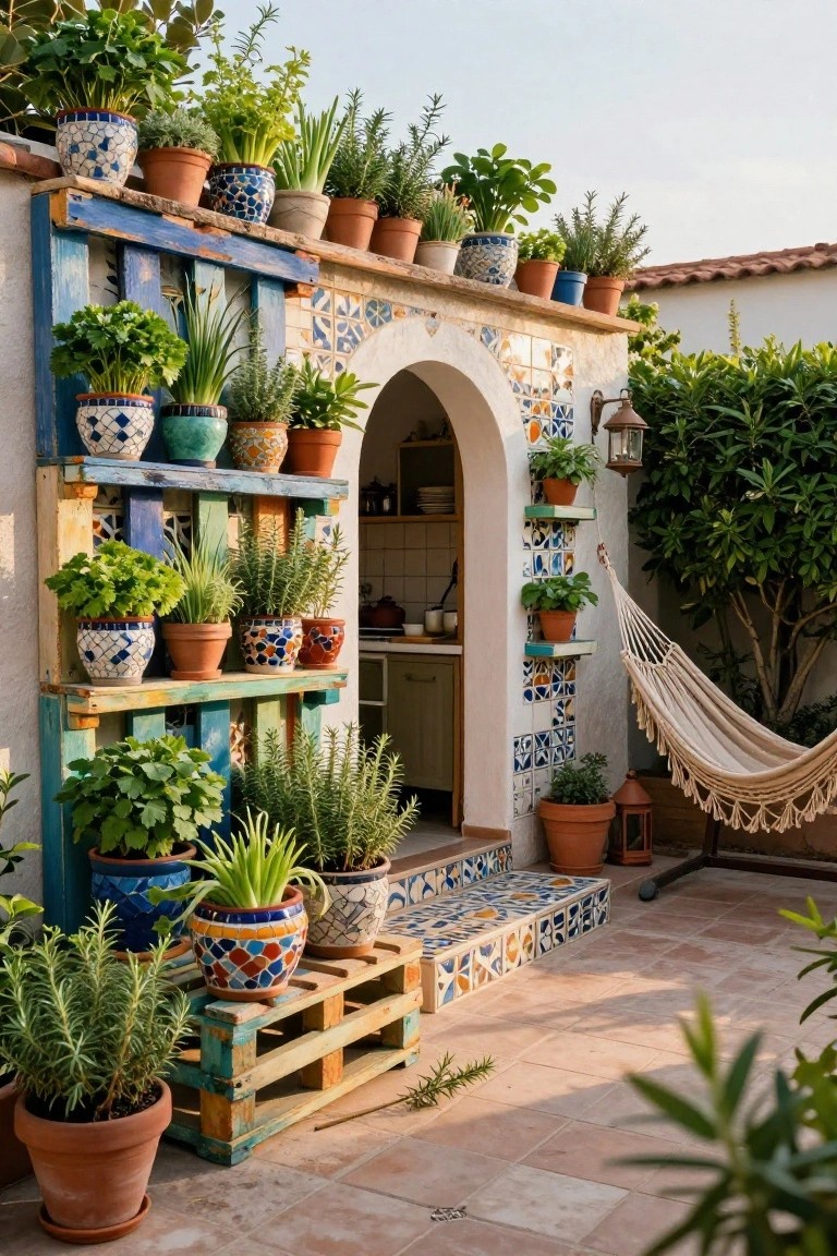 An outdoor patio with blue-painted wooden pallets used as shelves holding many potted herbs, next to a tiled archway leading into a kitchen.
