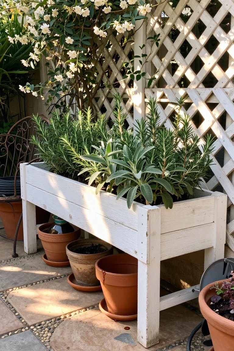 A white wooden raised planter box holds rosemary and other herbs on a stone patio, with terracotta pots underneath and a lattice fence behind it.