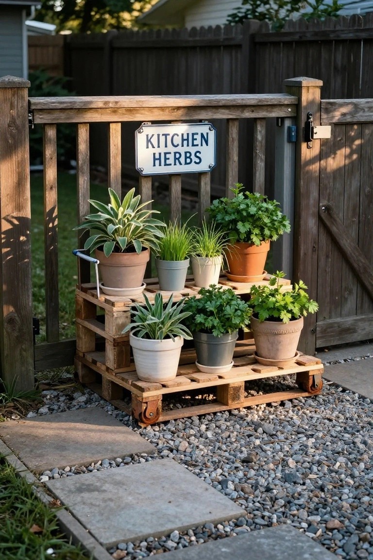 Wooden pallet herb garden on wheels with potted kitchen herbs placed on two levels in front of a wooden fence.