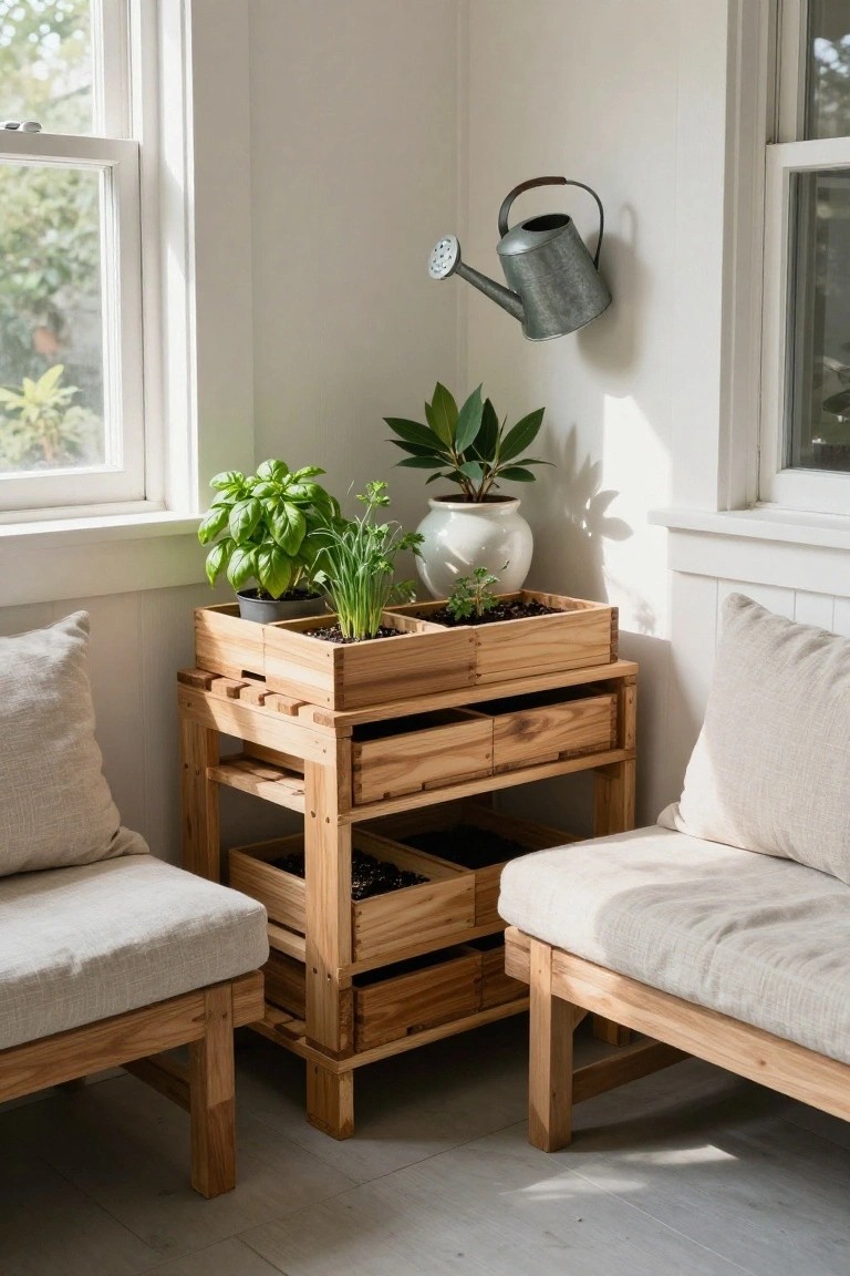 A tiered wooden crate herb garden with basil and other plants sits between two cushioned benches near large windows.